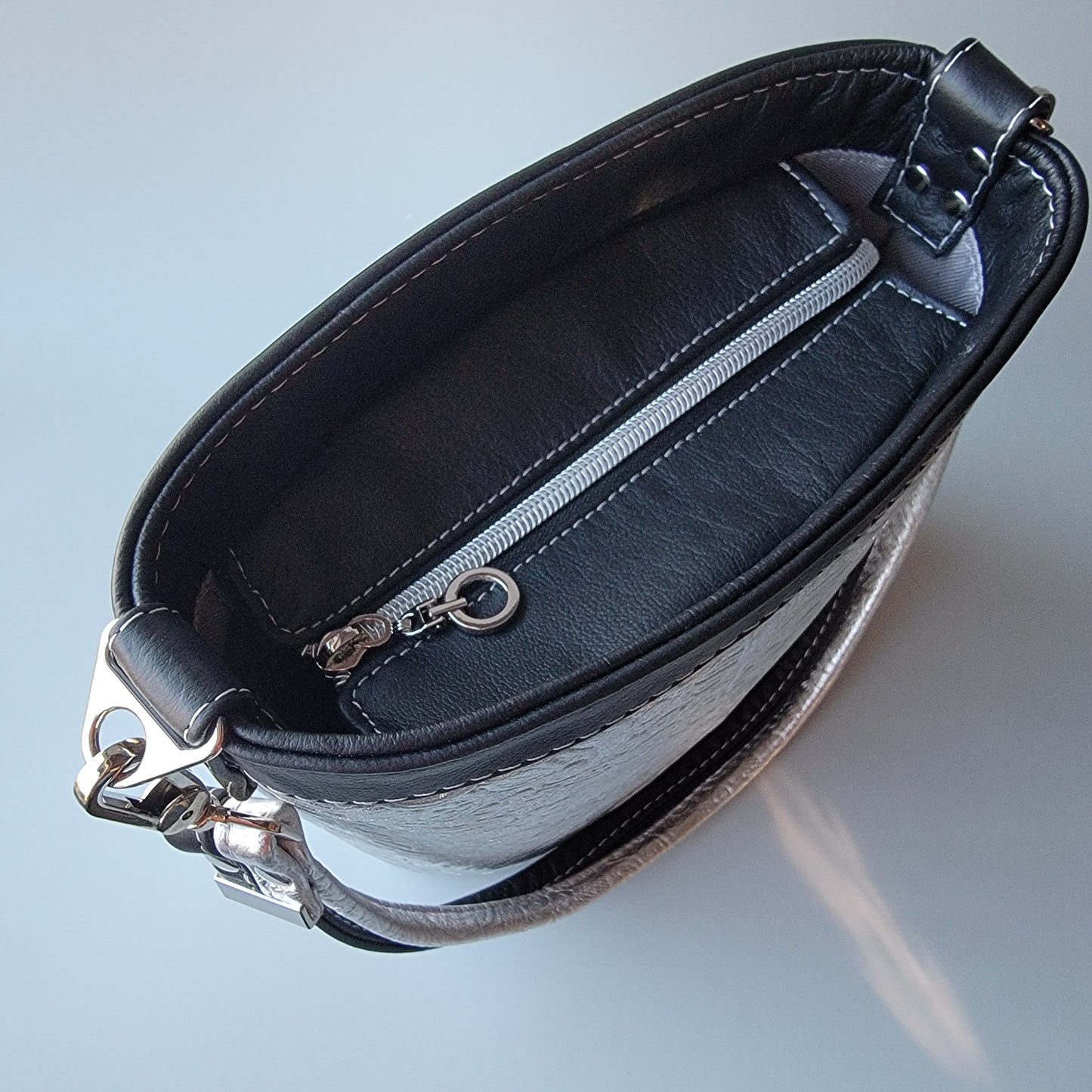 Leather Baby Bucket Bag - Silver/Black