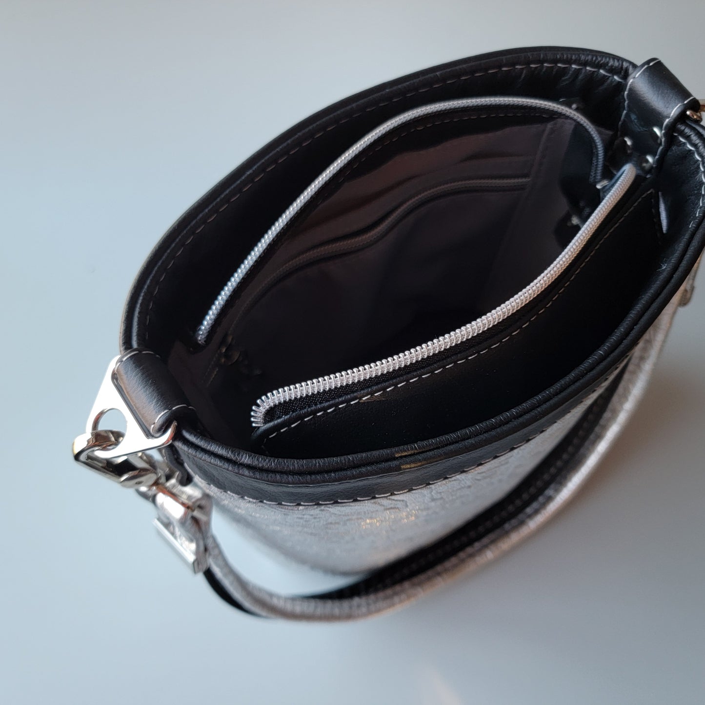 Leather Baby Bucket Bag - Silver/Black